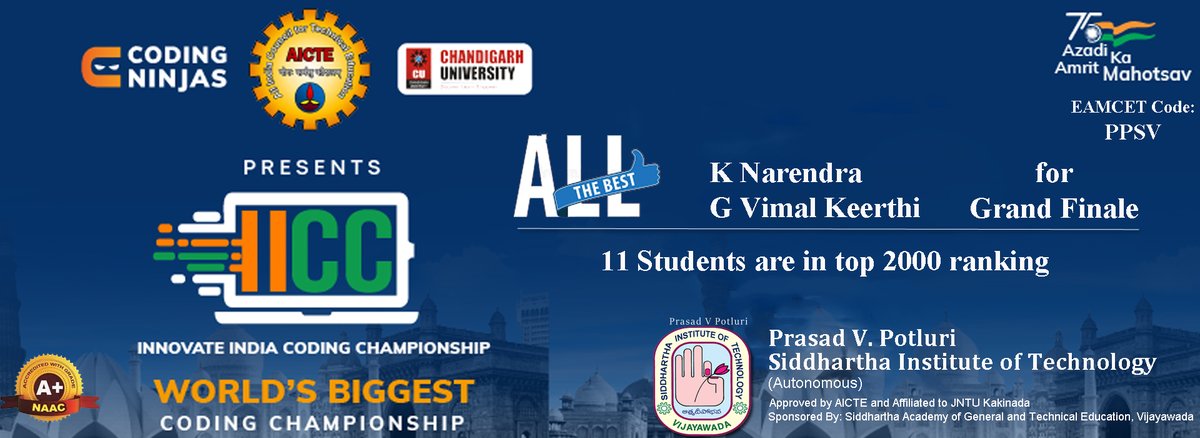 pvpsiddhartha's tweet photo. Congratulations to all the 11 students for doing their best. All the Best to K Narendra and G Vimal Keerthi for Grand Finale.
#iicc #PVPSIT #pvpsitcse #vijayawadacity #coding #codingchallenge #topcoding #placement #placements2022 https://t.co/yw3BqAHrEV