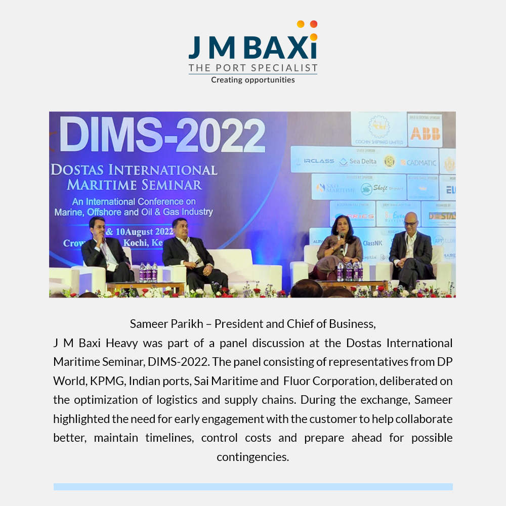 jmbaxigroup's tweet photo. Sameer Parikh – President and Chief of Business, J M Baxi Heavy was part of a panel discussion at the Dostas International Maritime Seminar, DIMS-2022.
#JMBaxi #Creatingopportunities #projectlogistics #heavylogistics #DIMS #Dostas #marineindustry #marineengineering #DIMS2022 https://t.co/R0zDW4De8K