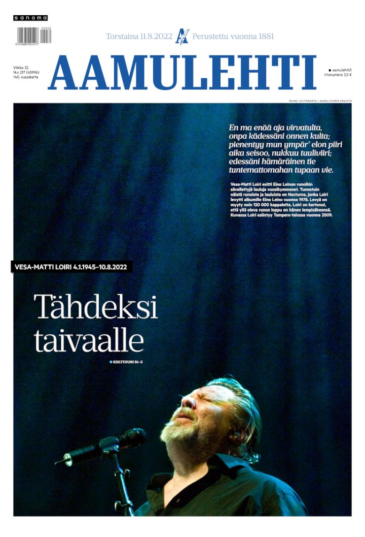 aamulehti's tweet photo. Aamulehti 11.8.2022. https://t.co/FQiONrGgj9