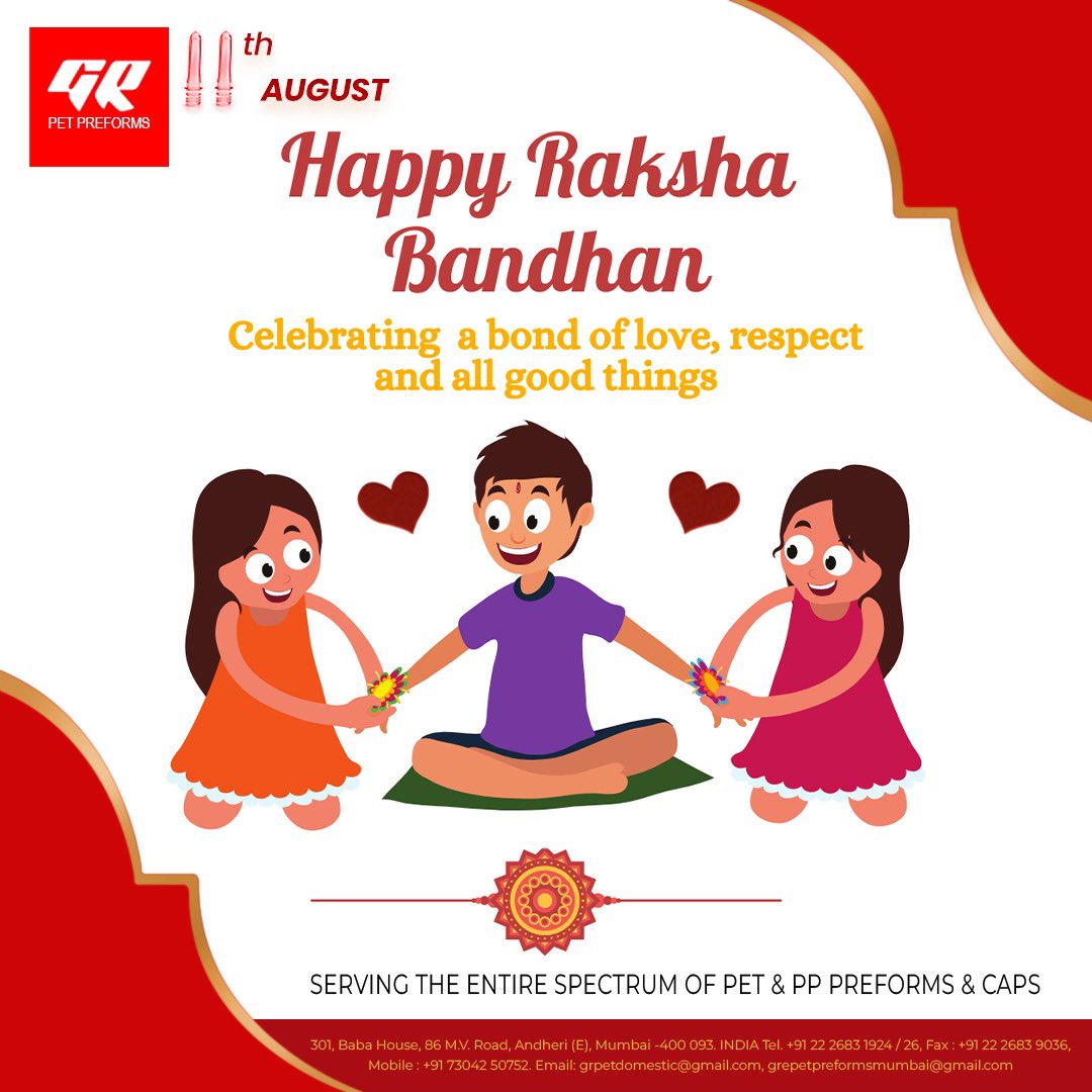 GPreforms's tweet photo. GR PET Preforms wishes you all a very Happy Rakshabandhan!
#rakshabandhan
#rakshabandhan2022
#grpet
#petpreform
#petpreforms https://t.co/VRJE67C5BB