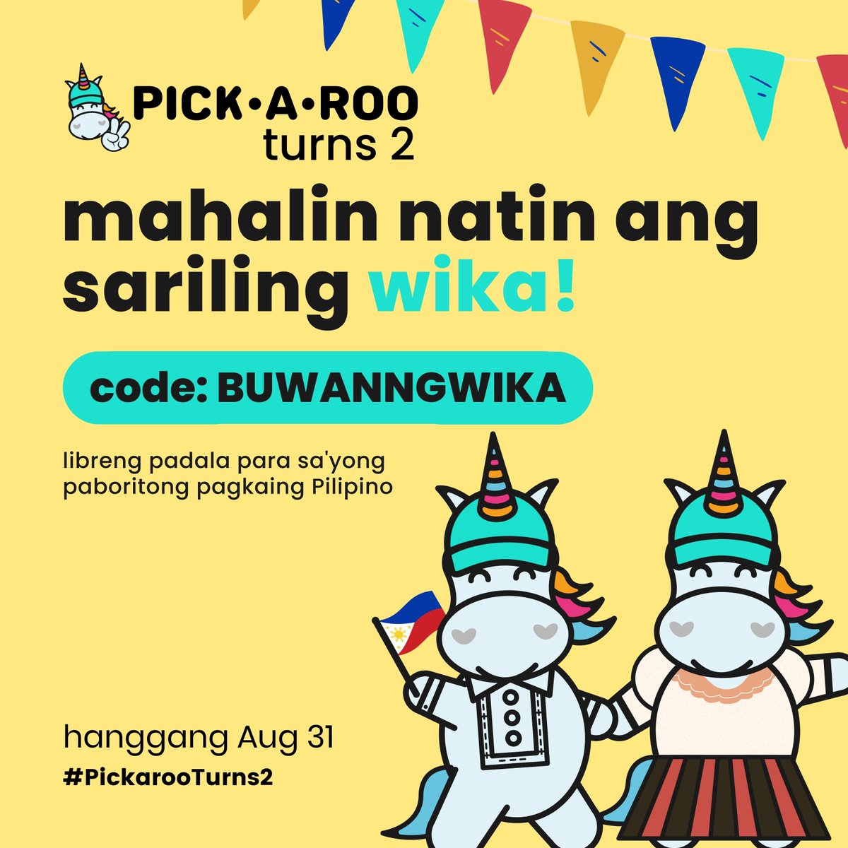 pickaroo's tweet photo. LIBRENG PADALA para sa buong Buwan ng Wika! π΅π
Halina at bumili ng iyong paboritong pagkaing pinoy ng hindi bababa sa P822! π΅π
Gamitin: BUWANNGWIKA.
Mula ngayong araw hanggang katapusan ng Agosto 2022. Maligayang Buwan ng Wika! π΅π
#Pickaroo #PickarooTurns2 #BuwanNgWika https://t.co/3zpUJX6mdJ
