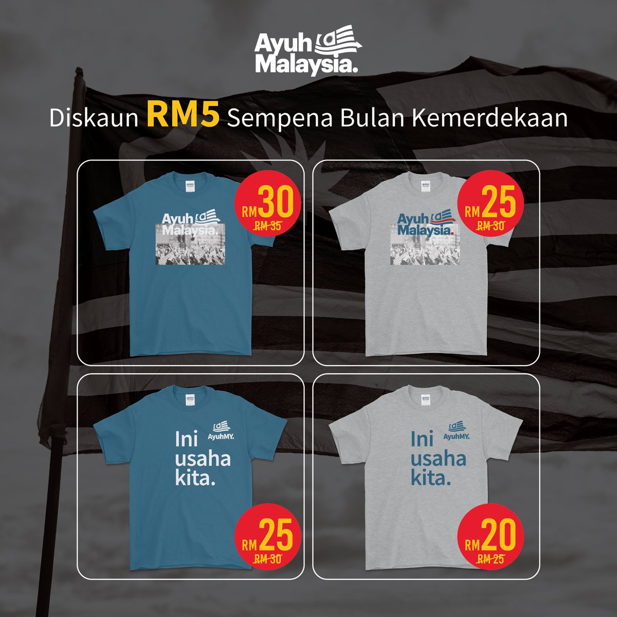 ayuhMYmovement's tweet photo. Nikmati potongan RM5 untuk semua jenis  T-Shirt di website Ayuh Malaysia. Beli sekarang di https://t.co/y08IH12ELj https://t.co/onbQ2dVtlF