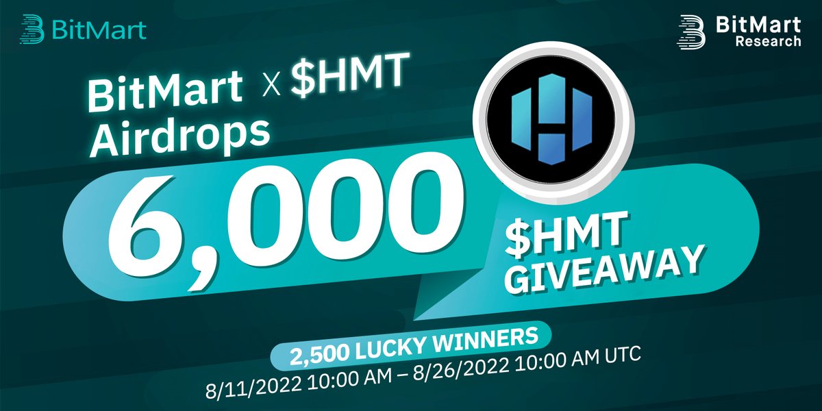 🌟BitMart X $HMT Listing Airdrop!

1⃣Follow <a href="/BitMartResearch/">BitMart Research｜$BMX HODLer</a> &amp; <a href="/HmtToken/">Humanize - $HMT</a>
2⃣Join t.me/BitMartExchang… &amp; t.me/humanizecrypto…
3⃣RT &amp; Tag 3 friends
4⃣Fill out:bit.ly/3Pl3GsO

🥳 6,000 $HMT/2,500 winners
Register👉datasink.bitmart.site/t/j