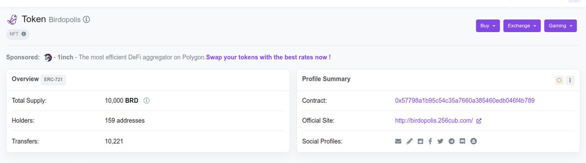 📢 Great news

<a href="/birdopolis_nft/">Birdopolis NFT</a> Collection is now officially on <a href="/polygonscan/">Polygonscan</a> updated will all our active URLs

🥳 it's a very important step for our tokens future

#birdopolis #nft #nftart #nfts  #nftartist #nftcommunity #nftcollector #nftcollection 

polygonscan.com/token/0x57798a…