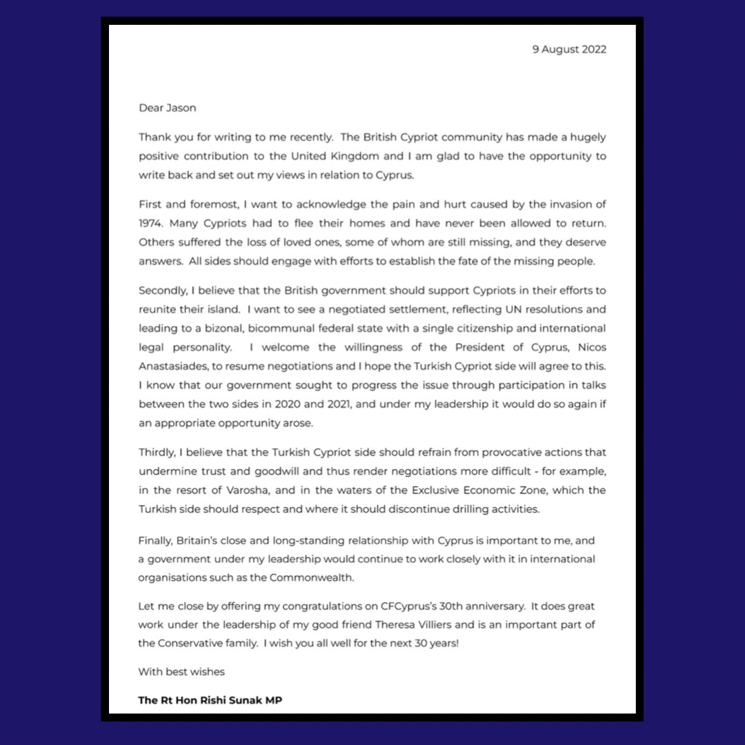 The reference to the Turkish “invasion” as well as the claims of Turkish Cypriot “provocation” highlight <a href="/RishiSunak/">Rishi Sunak</a> limited knowledge on the Cyprus issue. A worrying sign for the 300k British TCs living in the UK as their next leader could be a Turkophobe #RishiSunak #Cyprus