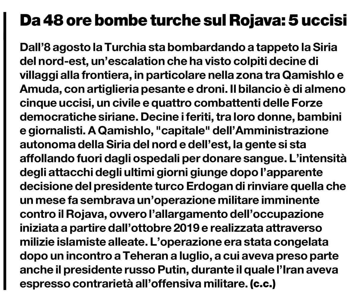 francofontana43's tweet photo. Il nostro alleato Erdogan sta bombardando da 48 ore il Rojava:
5 morti.
Dalla Farnesina nulla da segnalare?
Vero Di Maio?
E Palazzo Chigi che fa? Ancora voltato dall’altra parte?
Vero Draghi?
Da @ilmanifesto https://t.co/fJaWFhqDs8