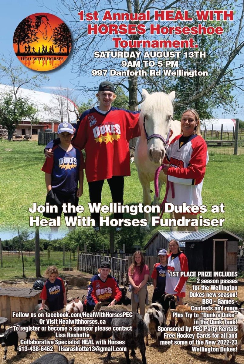 OJHLDukes's tweet image. Don’t forget this coming weekend is the @HealWithHorses 1st Annual Horseshoe Tournament! Don’t miss your opportunity to support a great cause! Meet Dukes players and the always popular “Dunk A Duke”