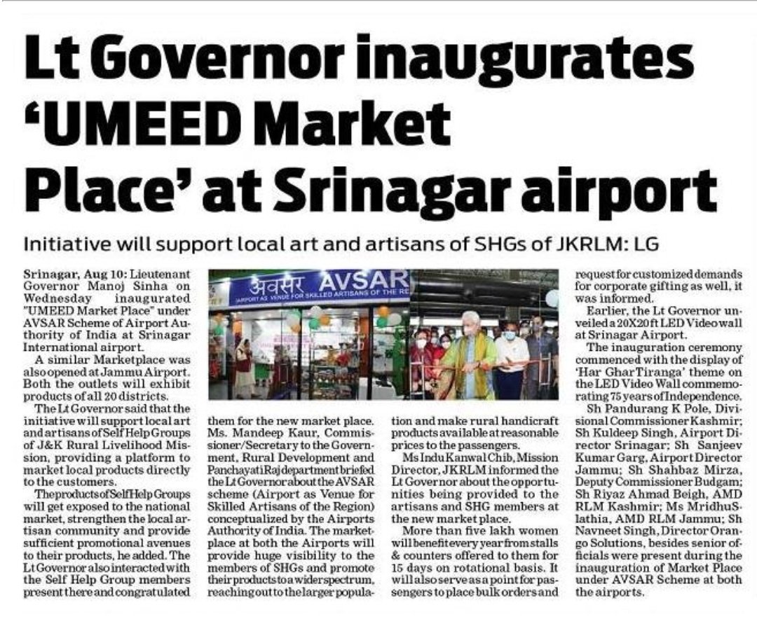 JK_NRLM's tweet photo. Hon'ble LG inaugurates UMEED Market Place at Srinagar Airport.
https://t.co/yf4xHCmedp
@indukanwal @SrinagarAirport @aaijmuairport @AAI_Official @JammuStartups @Jktpo_jk @dwivedimk_ias @Divcomjammu @DivisionalComm1 @dcjammuofficial @MoRD_GoI @mandeep082 @girirajsinghbjp https://t.co/ZE6qVJRt43