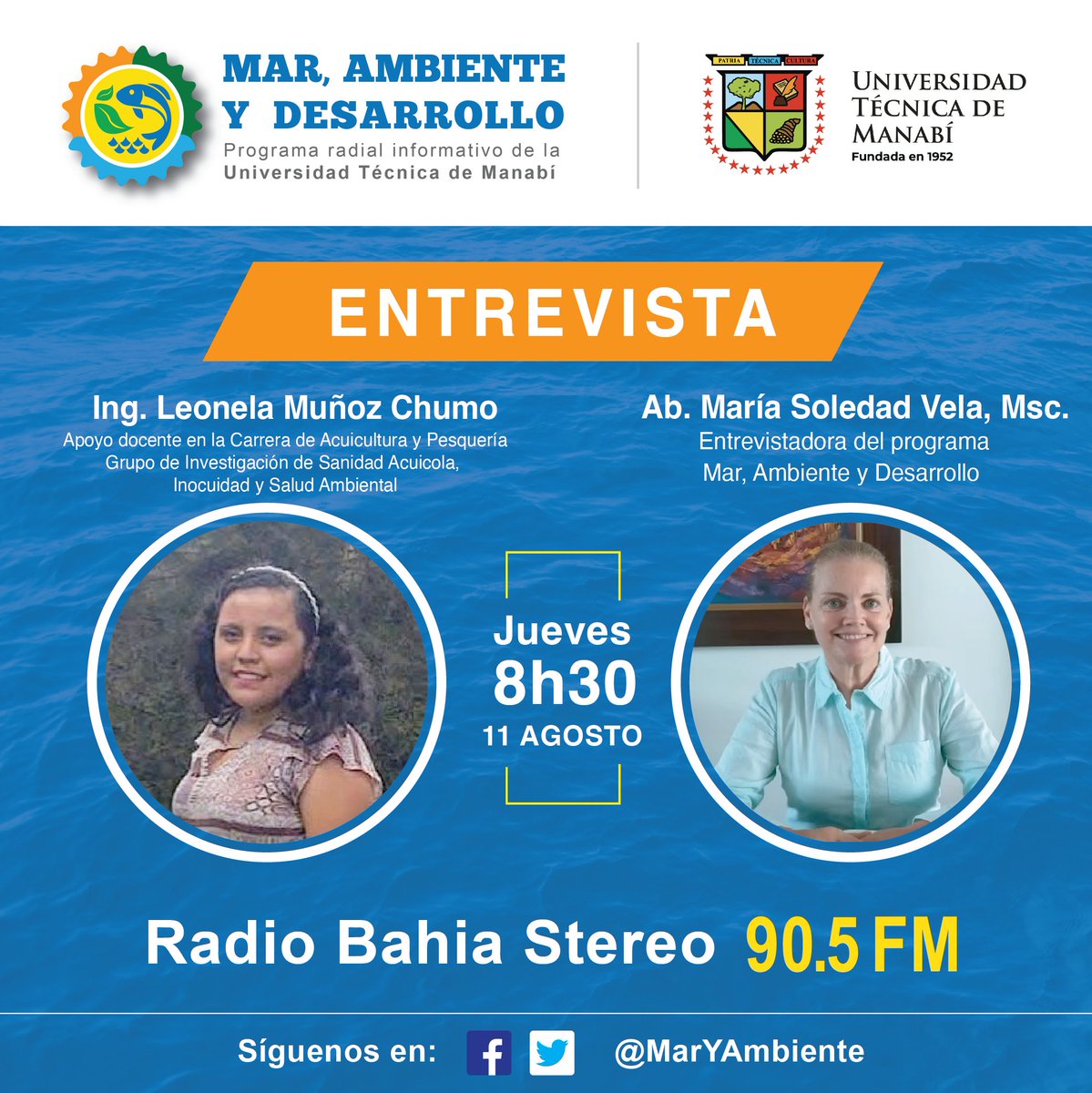 MarYAmbiente's tweet photo. #Entrevista │ Mañana a las 8h30 tendremos como invitada a la Ing. Leonela Muñoz Chumo, docente de apoyo en la Carrera de Acuicultura y Pesquería y miembro del Grupo de Investigación de Sanidad Acuícola, Inocuidad y Salud Ambiental en la @UTMManabi. https://t.co/nB2Vi5Uz61