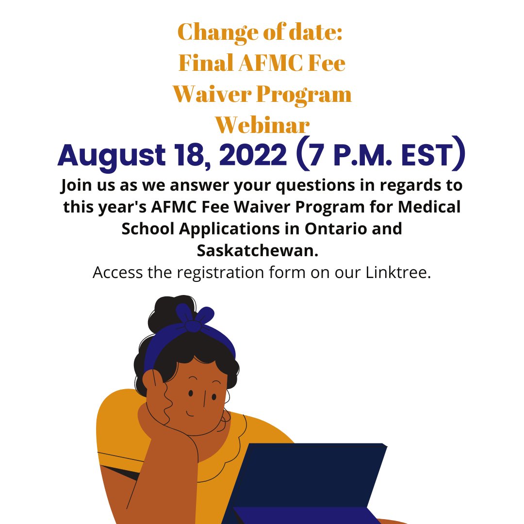 PoD_MD's tweet photo. Change of date! Our final webinar for this year's AFMC Medical School Application Fee Waiver Program will be Aug 18th at 7 PM EST.

Access the registration form for the webinar on our linktree. https://t.co/Dfh2XogFtG