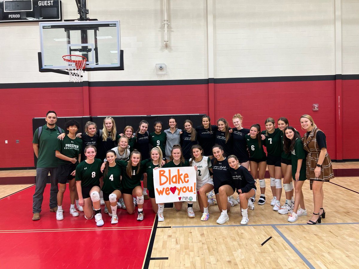 prospervb's tweet photo. Last night our freshmen teams played for their good friend, Blake Marsh, who was recently diagnosed with Leukemia. They wore orange and red ribbons in support. Blake (pictured bottom left) led the “Bleacher Babes” last year at Reynolds MS. 

WE LOVE YOU, BLAKE! #BlakeStrong https://t.co/sAKyq1enA9