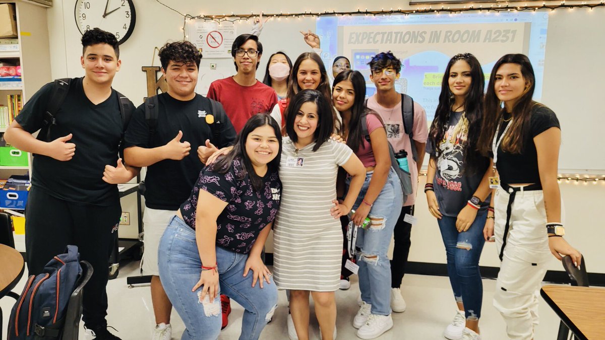 MrsK_ESL's tweet photo. Our first day of school class photograph! The highlight of my day was seeing ALL of my ESL students before school and how confident they have become with speaking English. I missed them and their hugs! @TheColonyHS @OakleyESL https://t.co/0gYJvqkpMw