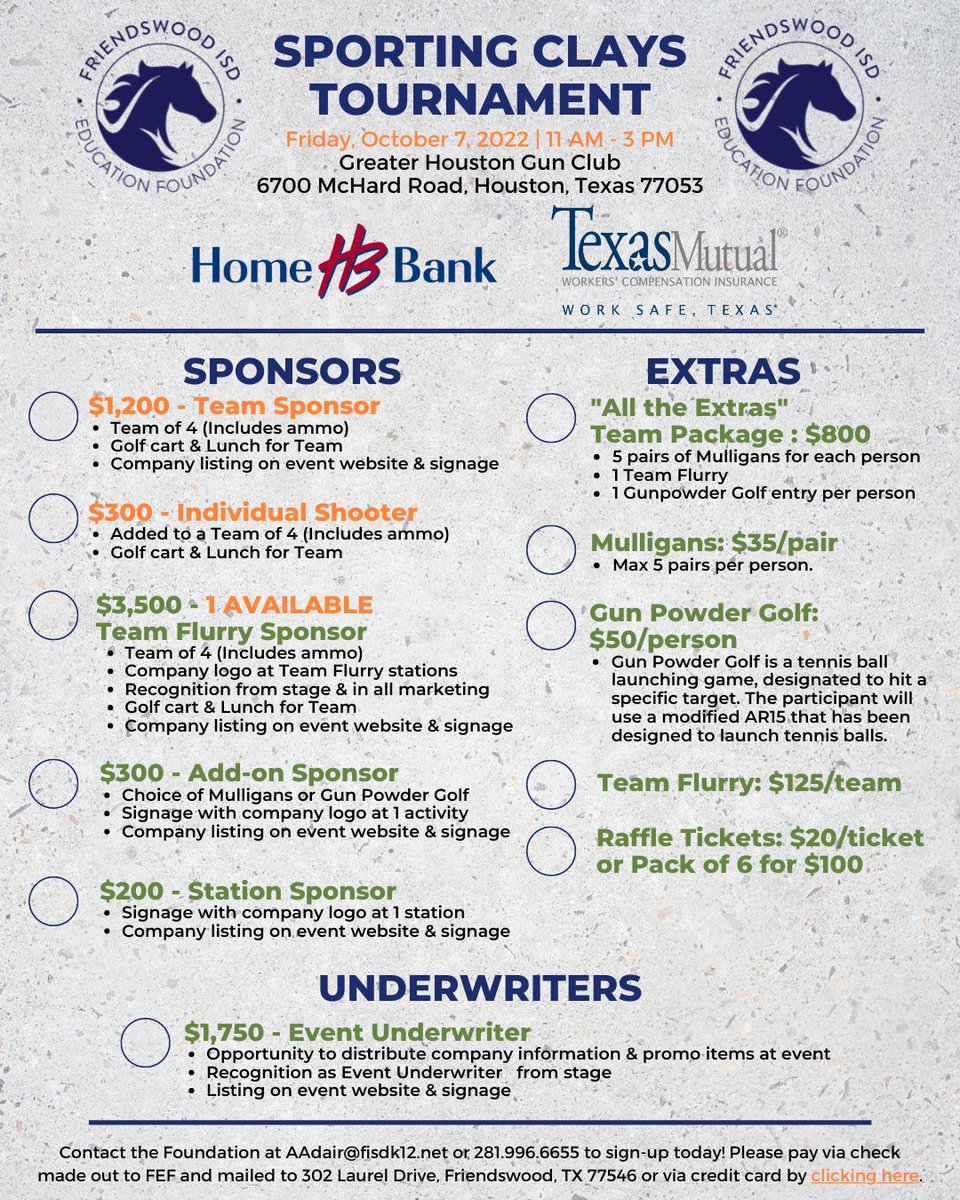 FISDEdFd's tweet photo. Our 2022 Sporting Clays Tournament, sponsored by Home Bank and Texas Mutual Insurance, is right around the corner on Friday, October 7th at the Greater Houston Gun Club. Sign up today to reserve your spot at https://t.co/MeJ0pbDIIG! #FEFSportingClays https://t.co/bAIaG90sGS