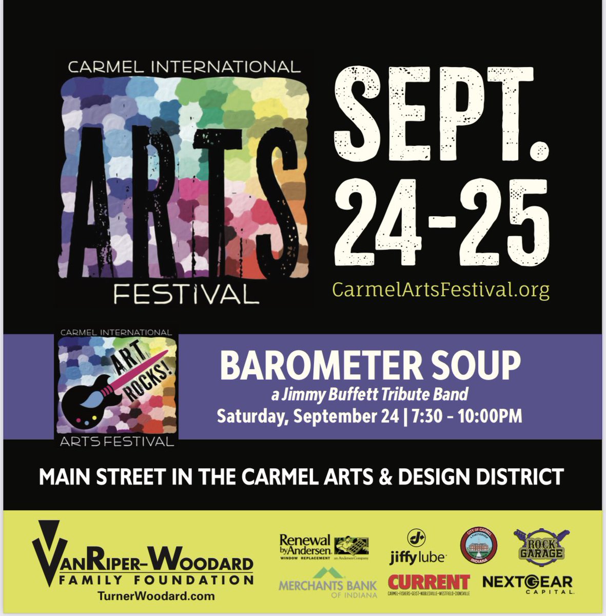 Carmel International Arts Festival Sept 24-25 Thank you to our sponsors who help make the Festival
a success for our community. <a href="/WonderWomanAmyP/">Amy Pauszek</a> <a href="/1SauceBoss/">Steve Greenberg</a> <a href="/BradOz/">Brad Osborne</a> <a href="/megindy1/">MEG & Associates</a> <a href="/jill_gilmer/">Jill Gilmer</a> <a href="/JiffyLubeIndy/">Jiffy Lube of Indiana</a> <a href="/MerchantsCap/">Merchants Capital</a> <a href="/CI_Carmel/">ci_carmel</a> <a href="/RockGarageMusic/">RockGarageMusic</a> <a href="/RbACorp/">Renewal by Andersen</a> <a href="/CITYOFCARMELIN/">City of Carmel, IN</a>