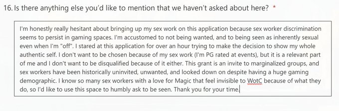 I applied for a Grant to Magic30, and because my sex work came up on the application relevant to my MtG