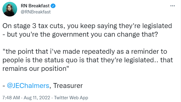 NickMcKim's tweet image. Scott Morrison's tax cuts are legislated because Labor voted for them. Parliament could undo them in a day. The only thing stopping us is Labor.