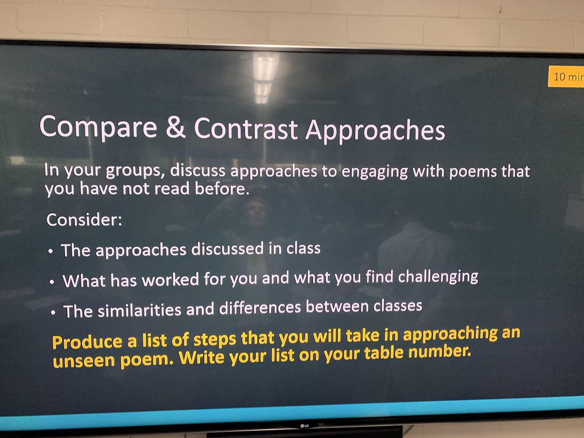 vanweringh's tweet photo. Some great work by our #Englishteachers: Two classes, each taught a diff framework to approach an unknown #poem. Then mix up the classes and have sts explain the frameworks to each other and make a list of best steps to analyse a poem. #teamteaching #wespl 💜 https://t.co/bqlKP8jt4f