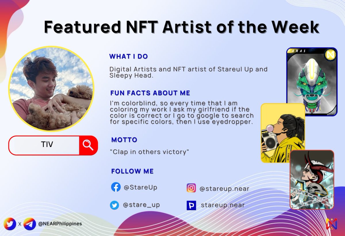 NEARPhilippines's tweet photo. 🙇‍♂️Hands down to our featured #nftartist for this week- @stare_up! Despite him being a colorblind, it did not hinder his passion in creating his top collections #StareUp and #SleepyHeads! 🔥🚀

Follow him here 🔽
IG:https://t.co/QEiR5nK6jH
Paras: https://t.co/zYUmp0Yx4M

#NEAR https://t.co/NeQVqfIwE6