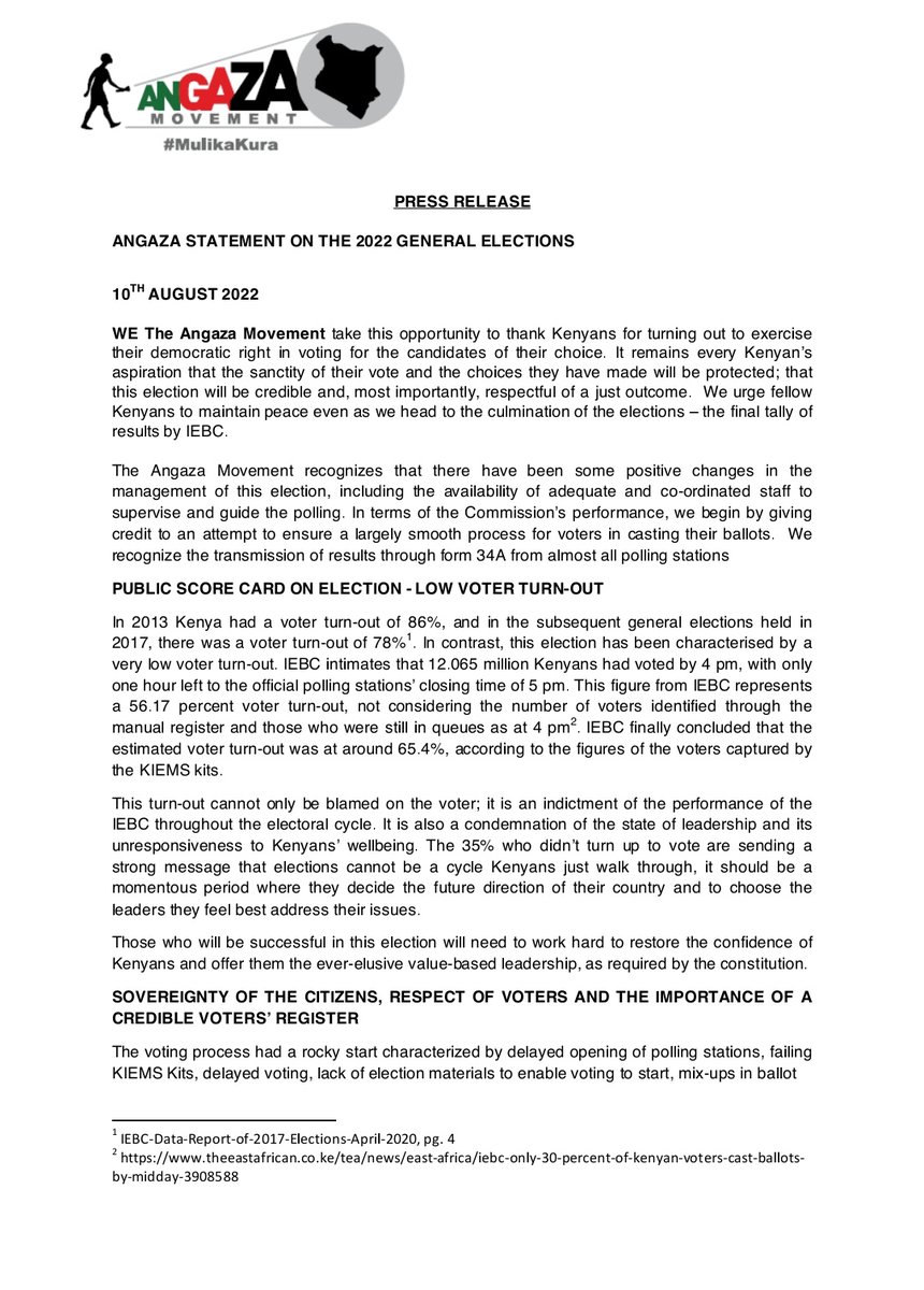 AngazaMovement's tweet photo. Here is our statement as Angaza Movement on the ongoing general elections in Kenya... Please share widely... @thekhrc @CSONetwork @MUHURIkenya @SokoAnalyst @sokodirectory @InformAction_KE @JFJustice #ElectionsKE https://t.co/BgM7oVXgVf