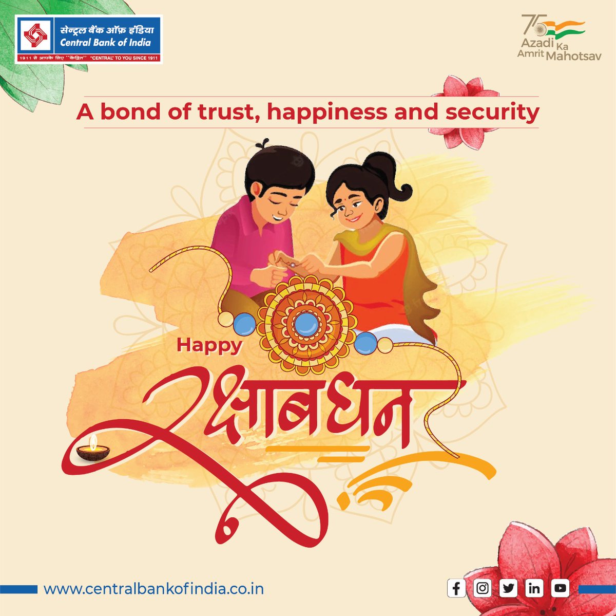 centralbank_in's tweet photo. Central Bank of India wishes you a happy Rakshabandhan.

# Rakshabandhan  
#AzadiKaAmritMahotsav
#CentralToYouSince1911 https://t.co/ctrvfpQxDs
