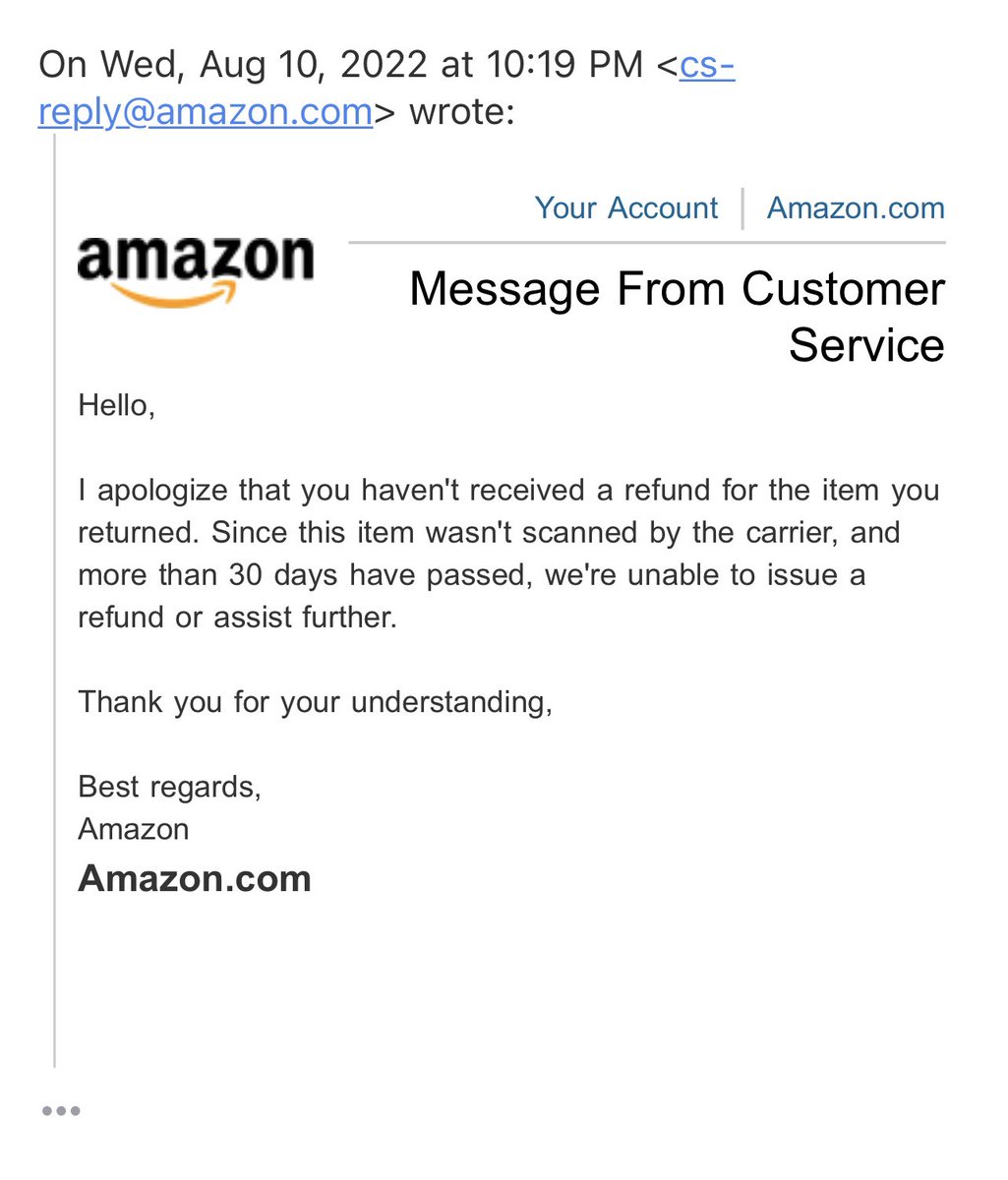 Shashunk_S's tweet photo. @AmazonHelp @amazon Hello Amazon, I am an existing customer since years and gave so much business, and I was surprised with my recent return services gave me bad experience and nobody is ready to help. I have order a product of 300$ and requested return and i didnt get refund https://t.co/LpqMHNCJTI