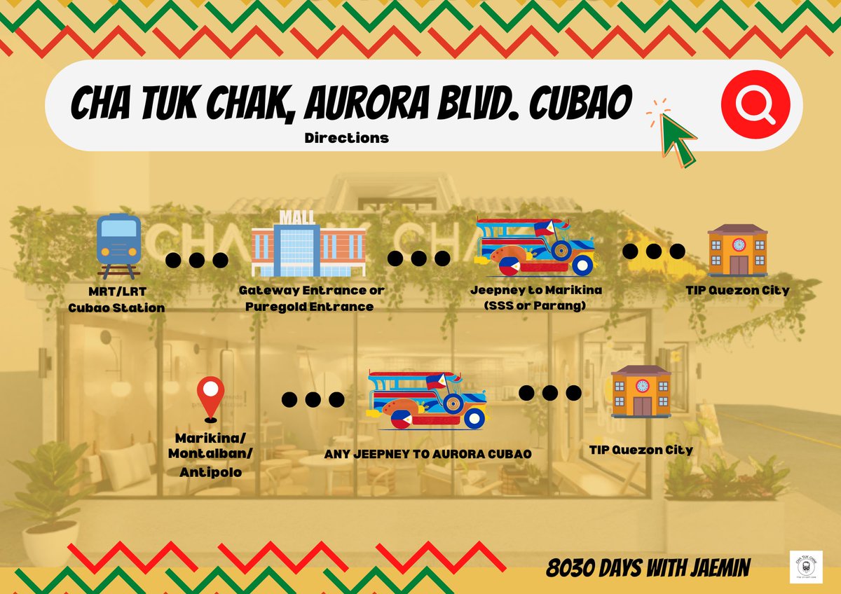 ▹ As Jaemin turns 22, let’s all connect and celebrate his birthday together at <a href="/chatukchakph/">Cha Tuk Chak Official</a> Aurora Blvd. Cubao, Quezon City! 

╰➤ Directions on how to go to <a href="/chatukchakph/">Cha Tuk Chak Official</a> Aurora Blvd. Cubao, Quezon City

see you there, nanadoongies~ 🥰 #8030DaysWithJaemin #JAEMIN #재민