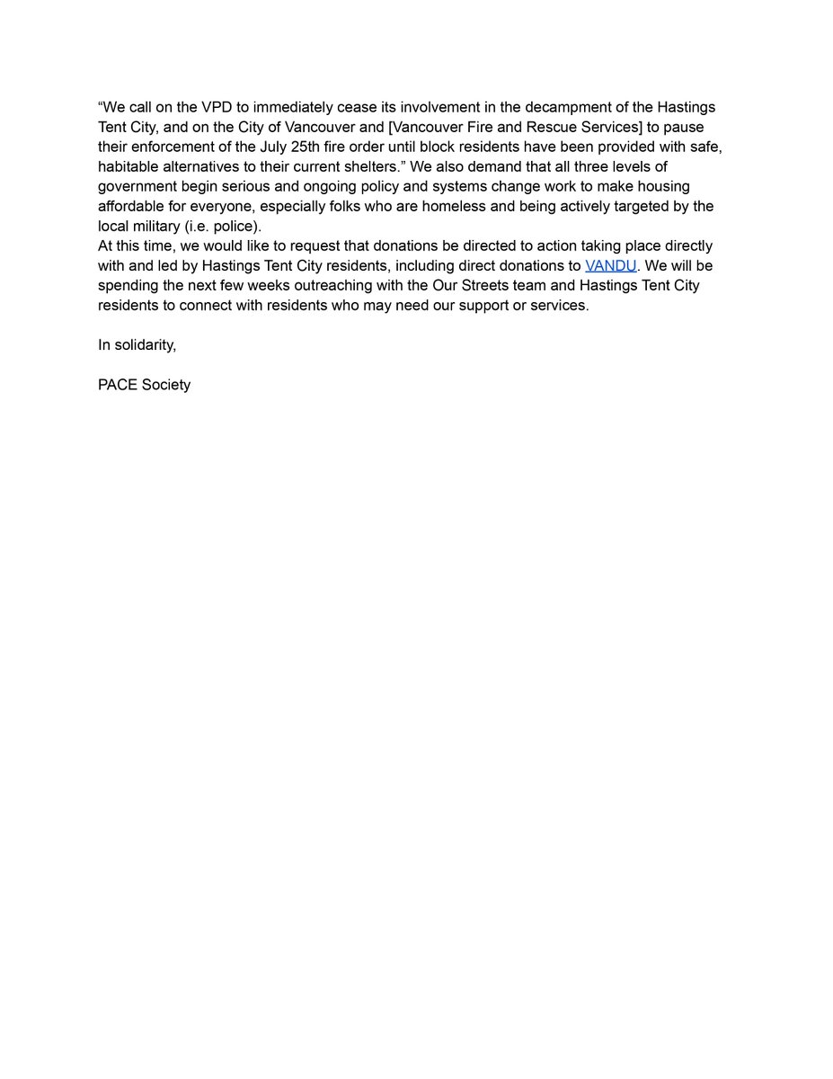 PaceSociety's tweet photo. For immediate release: Please see PACE's statement on the action by @VancouverPD against unhoused neighbours, organizers, and activists. 

For full text see below https://t.co/VAtETneZFM https://t.co/w4E1fTGdoR