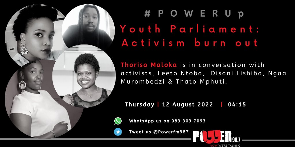 Powerfm987's tweet photo. [ON AIR] #YouthParliament 

Activists, Leeto Ntoba @Briggar, @_mphuthithato, @Ngaa_Murombedzi, @Disani_ZA  speak to @ThorisoMaloka. 

How isolating activism work can be. 

 Tune In for #987Woman2022
📺:DSTV Channel 889
🖥️:https://t.co/PSnxzd5E80
📻:98.7 FM Jhb/Pta https://t.co/q4zXl3E2IM
