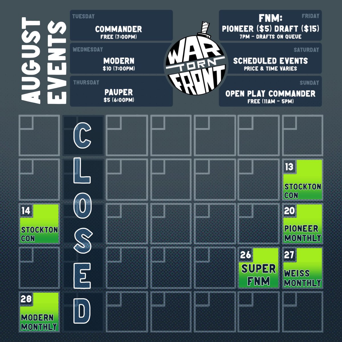 WarTornFront's tweet photo. An overview of our August events, don’t forget we will be at @StocktonCon this weekend https://t.co/SnlYWoon0n