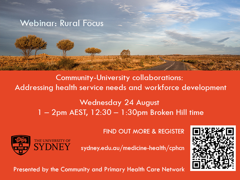 USydCPHCNetwork's tweet photo. A great lineup of panelists for this #CPHCNetwork webinar Aug 24 with @MeredithMakeham and leaders from Broken Hill @BHUDRH @CoomeallaHealth + DET and @UCRH_NC Northern Rivers & Dubbo @FloodVicki @catherinehawke - all welcome! ๐https://t.co/9xVUjLDvXH https://t.co/EJydd6Sb6R