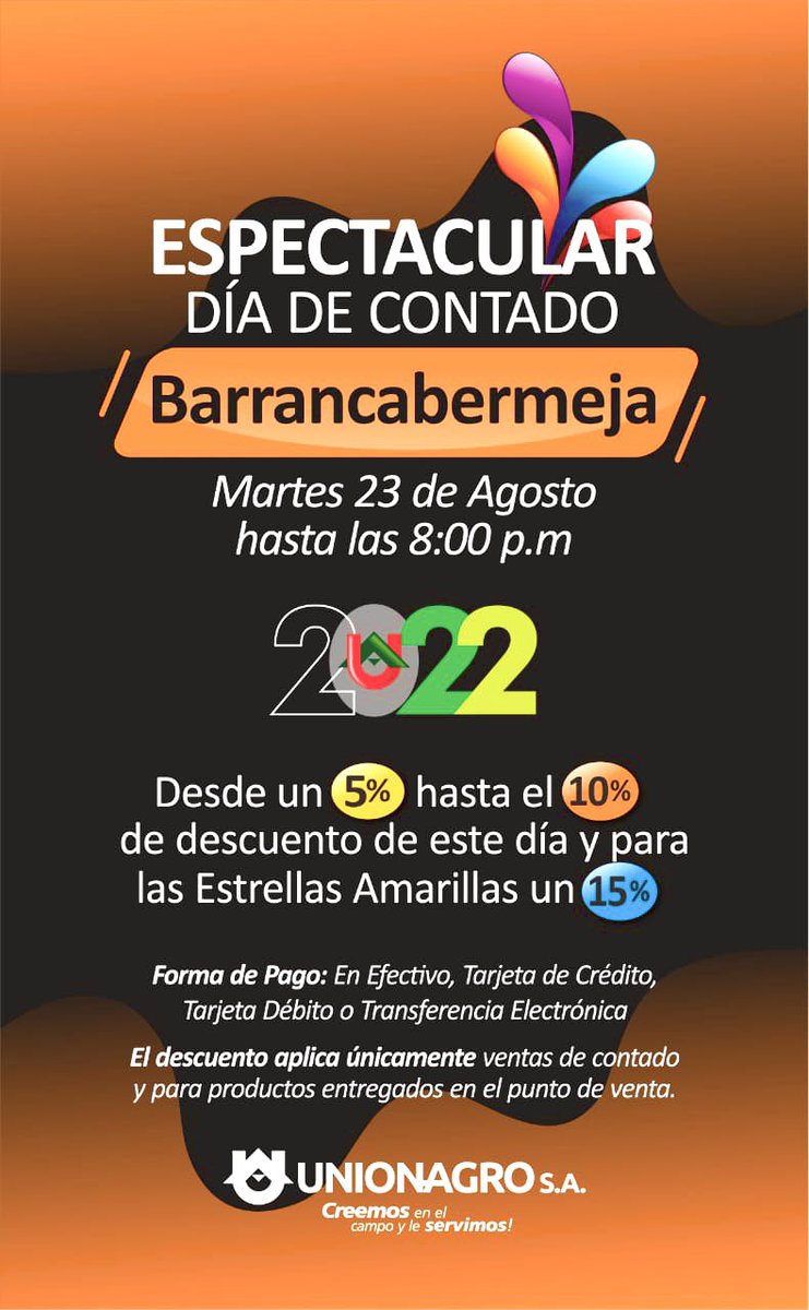 UnionAgro's tweet photo. Nos vemos en Barrancabermeja el próximo martes 23 en el punto de venta de UNIONAGRO https://t.co/ud5JxLHbgx