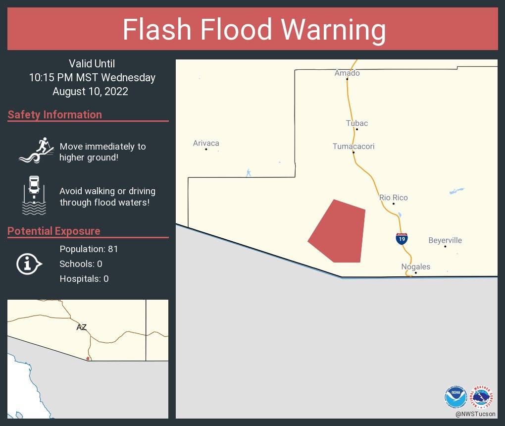 NWSTucson's tweet image. Flash Flood Warning continues for Santa Cruz County, AZ until 10:15 PM MST