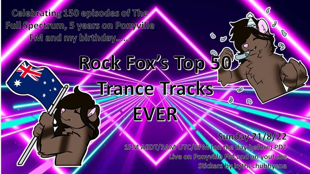 RockFoxDJ's tweet photo. My birthday (kinda) lines up with the 150th episode of #thefullspectrum so I'll be throwing a party next week to celebrate, and you're all invited! Counting down my fave trance tracks ever!! Deets below https://t.co/tsXgqIn2uU