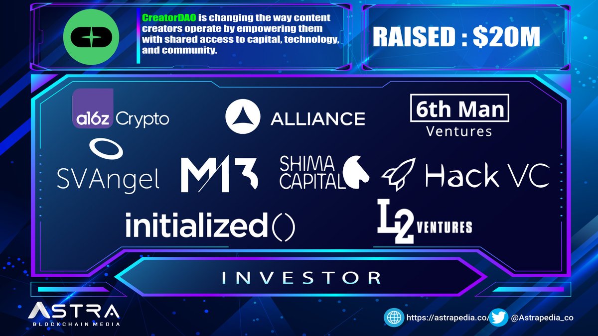 📌A decentralized investment community <a href="/joincreatordao/">CreatorDAO 🚀</a>  has raised $20M in a seed funding round led by <a href="/a16z/">a16z</a>  and <a href="/Initialized/">Initialized Capital</a> more investors
<a href="/Liquid2V/">Liquid 2 Ventures</a> 
<a href="/M13Company/">M13</a> 
<a href="/6thManVentures/">6MV</a> 
<a href="/svangel/">SV Angel</a> 
<a href="/HACKVc3/">HACK Vc</a> 
<a href="/alliancedao/">Alliance DAO</a> 
<a href="/ParisHilton/">Paris Hilton</a> 
<a href="/TheChainsmokers/">THE CHAINSMOKERS</a> 
👉prnewswire.com/news-releases/…