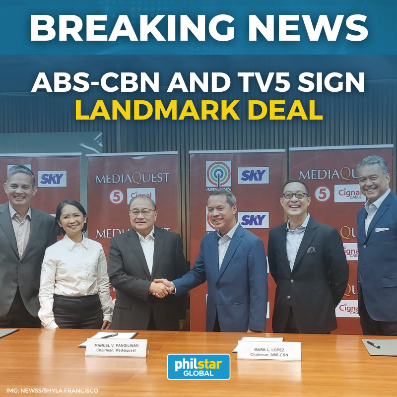 PhilstarNews's tweet photo. LANDMARK DEAL

Former broadcast giant ABS-CBN and Pangilinan-led TV5 signed a landmark deal that allows more airtime for the beleaguered broadcaster’s shows in the ‘Kapatid’ network. 

READ: https://t.co/0vCf4gTMss https://t.co/A9KD3dI2wA