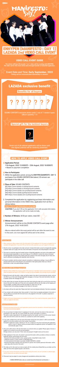 SoundContents's tweet image. #엔하이픈 #ENHYPEN
[MANIFESTO : DAY 1]
2ND VIDEO CALL EVENT

🎁Exclusive Photocard 1 out 7(Random)
📱30 Winners

📅~8/23 18:00(KST)

LAZADA store
🇮🇩bit.ly/3O1pEAj
🇲🇾bit.ly/3O1ZqOq
🇹🇭bit.ly/3PgVWss
🇵🇭bit.ly/3yZkuRi
🇸🇬bit.ly/3ALlSrP