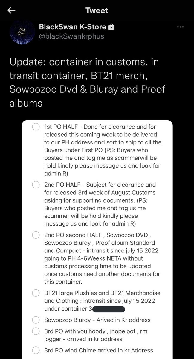 Rachel_Scammer's tweet photo. (1) in transit pa rin pala yung 1st PO mo? 😂 pero ang sabi mo sa ibang 1st PO buyers mo ay naibigay mo na sa j&amp;t ang items at inaantay nalang ang trn without giving them a proof man lang na shinip mo na yung items tapos sinisisi mo mgayon ang j&amp;t kasi hanggang ngayon hindi pa — https://t.co/oXLtsl2T9R