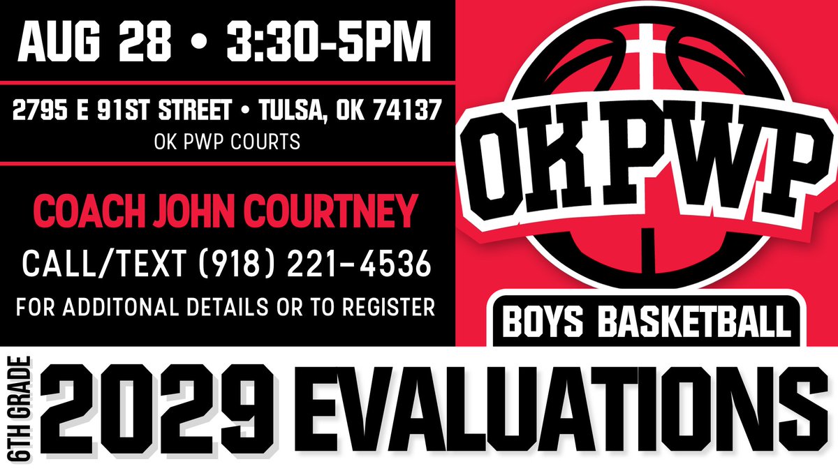 oklahomapwp's tweet photo. 2029 BOYS EVALUATIONS!

🗓 Sunday, August 28
⏰ 3:30pm-5:00pm
📍 PWP Courts

Any 6th Grade Boys interested in trying out for PWP 2029 team, please call/text Coach Courtney to register or for more information! 

🧢 Coach John Courtney
📱 918-221-4536 https://t.co/wsTGBdp82p