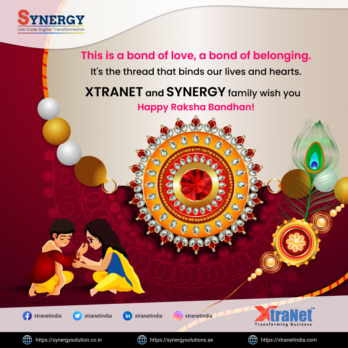 xtranetindia's tweet photo. This is a bond of love, a bond of belonging.
It's the thread that binds our lives and hearts.
Xtranet and Synergy family wish you   Happy Raksha Bandhan!
#xtranet #bhopal #xtranetindia #bussiness #synergy #happyrakshabandhan #festival #india #bhfyp https://t.co/yfkZJVFRBH