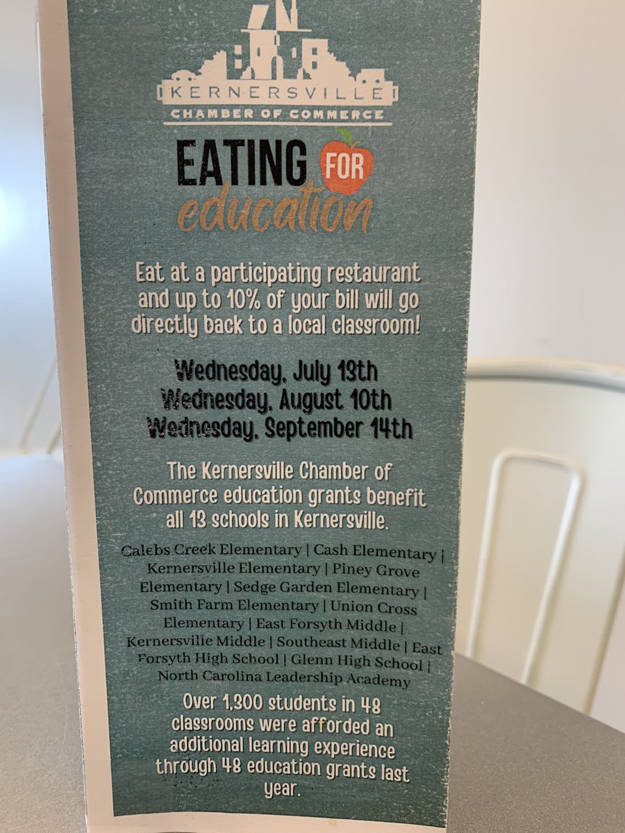 shermski67's tweet photo. Thanks again to the @kvillechamber21 and the local restaurants and businesses for supporting our schools!  #eatingforeducation #toohottocook @wsfcs @SedgeGardenES #kernersvillebagel #giadas https://t.co/wmb0xPW3yu