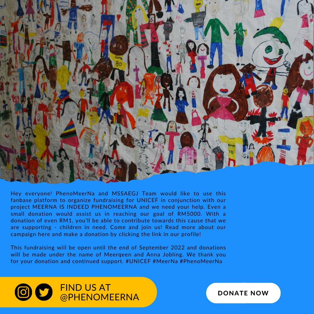 phenomeerna's tweet photo. You guys heard the news! This fundraising will be open until the end of September 2022 & donations will be made under the name of Meerqeen and Anna Jobling. Thank you for your donation and continued support. #UNICEF #ForEveryChild #MeerNa #PhenoMeerNa
https://t.co/x4MyfQkCOI https://t.co/qIvQ0xT1z8