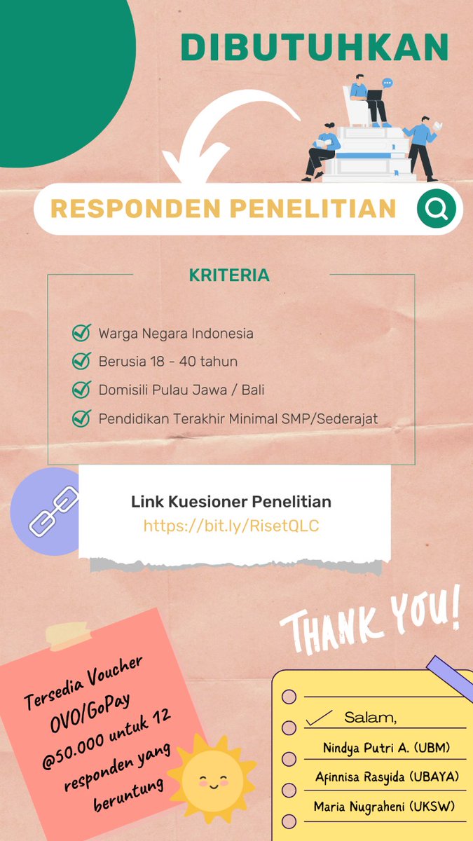 AmorphousSpace's tweet photo. Dibutuhkan partisipan penelitian dengan kriteria: 

WNI, berusia 18-40 th, domisili Pulau Jawa/Bali, dan pendidikan terakhir minimal SMP/Sederajat 

Jika bersedia, silakan mengisi kuesioner di tautan berikut ini: https://t.co/lXUeVlhbJJ 

Terima kasih. :) https://t.co/h8CdUZkFP2