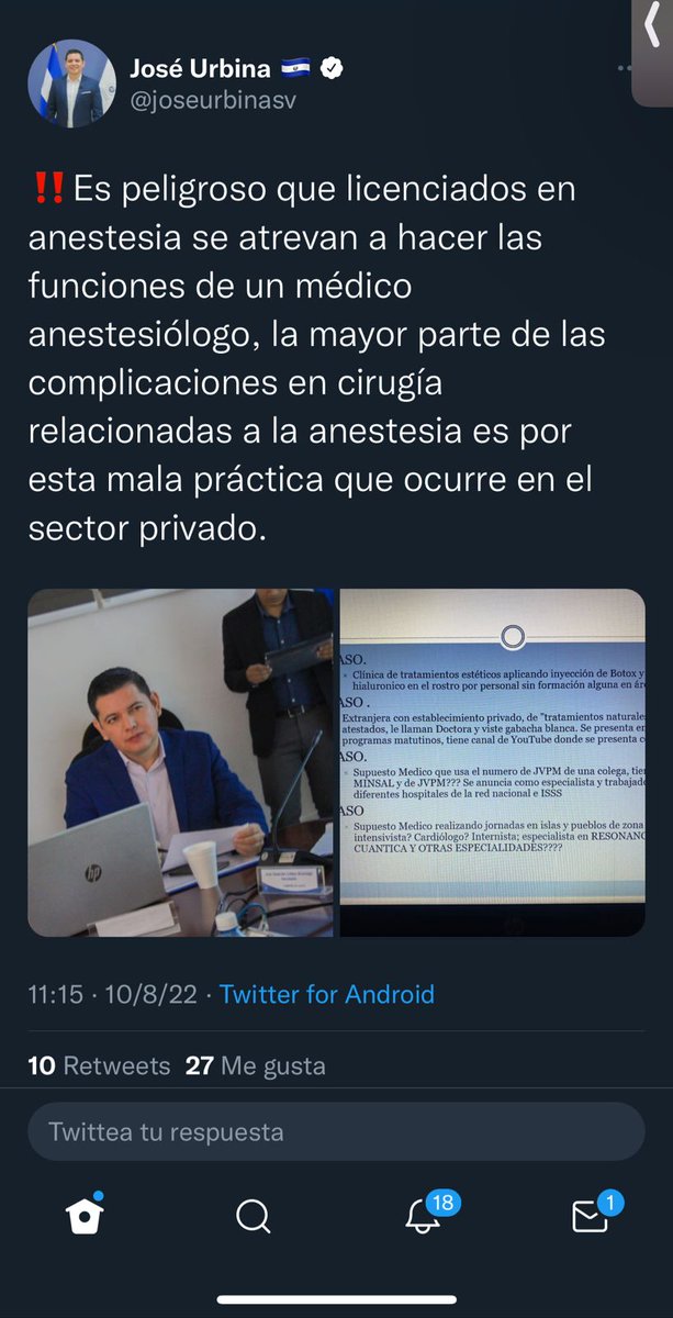 Claudi_Argueta's tweet photo. Los licenciados en anestesiologia e Ihaloterapia exigen una disculpa formal y publica señor diputado @joseurbinasv solo borrando su publicación no se arreglan las cosas #respetoalosanestesistas #NivelacionYa @FranAlabi @nayibbukele https://t.co/qpeWhiA6cq