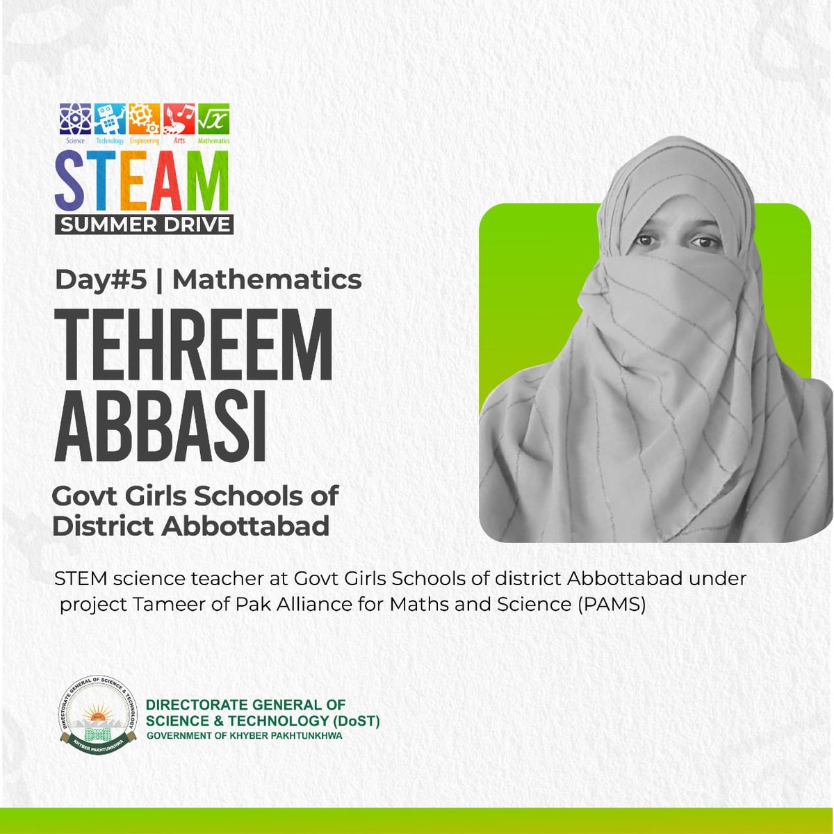 dostkpgovt's tweet image. Math day at STEAM Summer Camp!

DoST in collaboration with Pak Alliance for @mathssciencepk
 and Science will conduct its 5th session on Math consisting of the field related lectures, hands-on activities, and workshops by well-renowned experts of the field.

#Science4KP #dostkp