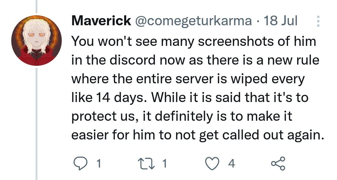 Dannys_Delights's tweet photo. YSF enacted a policy to wipe the server every two weeks, making it more dificult for people to get screenshots that may incriminate him https://t.co/ZvtW7y5WNs