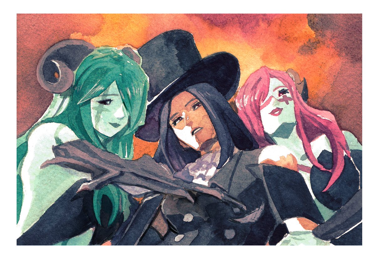 judgedarts's tweet image. [guilty gear] testament and their succubi in watercolor 🎨