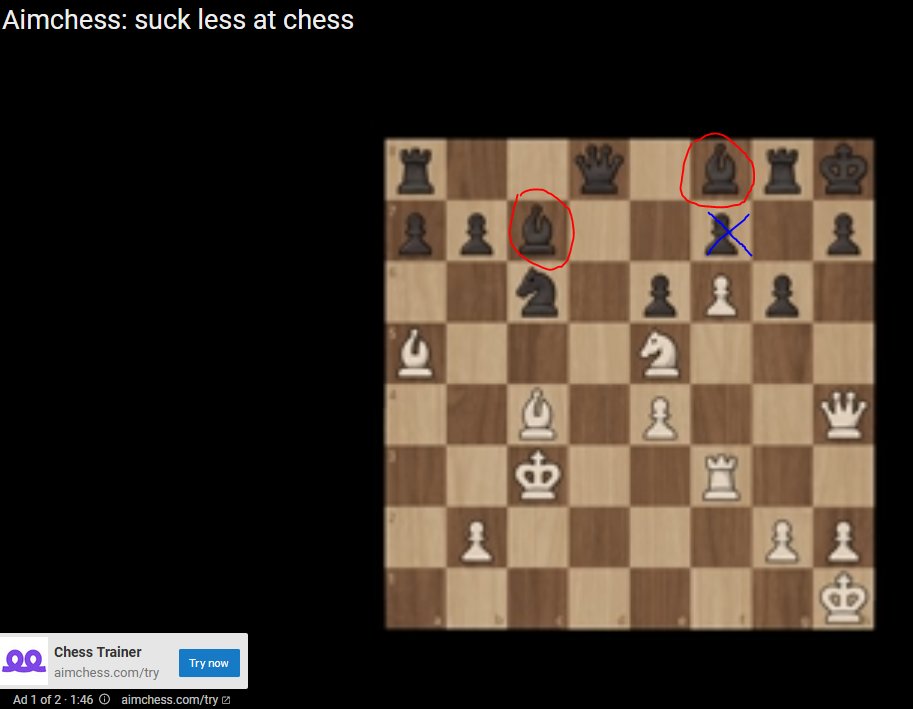 KonProg's tweet photo. #Aimchess ads suck!
E.g. they show for a short period (0,3 seconds) a chess quiz, which is quite bad (see picture). Two bishops with black colour (idiotic) - and extremely easy solution (check mate on F7).
Ad speaker: "Can you solve this quiz? Off course not!"
🤡 https://t.co/PWLgpTYE4n