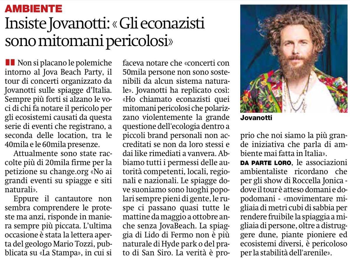 Ora Jovanotti esagera per davvero.
Con la sua tournée sta facendo scempio di spiagge e siti naturali e addirittura dà degli “econazisti pericolosi” a chi si oppone alla sua opera distruttrice.
Pericoloso è lui che addirittura si spaccia di sinistra
Da <a href="/ilmanifesto/">il manifesto</a>