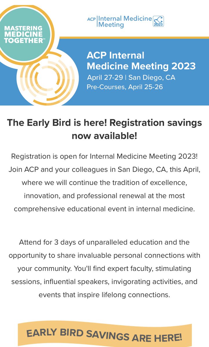 DrElisaChoi's tweet image. .@ACPinternists @ACPMAChapter 🖐🙋‍♀️🙌 #IMProud #ACPIM23 Register “early bird” (deadline Jan 31) for $84 off already discounted member registration. Link here: annualmeeting.acponline.org Avoid #FOMO and register! #MasteringMedicineTogether @drjanetj @DocPhx
