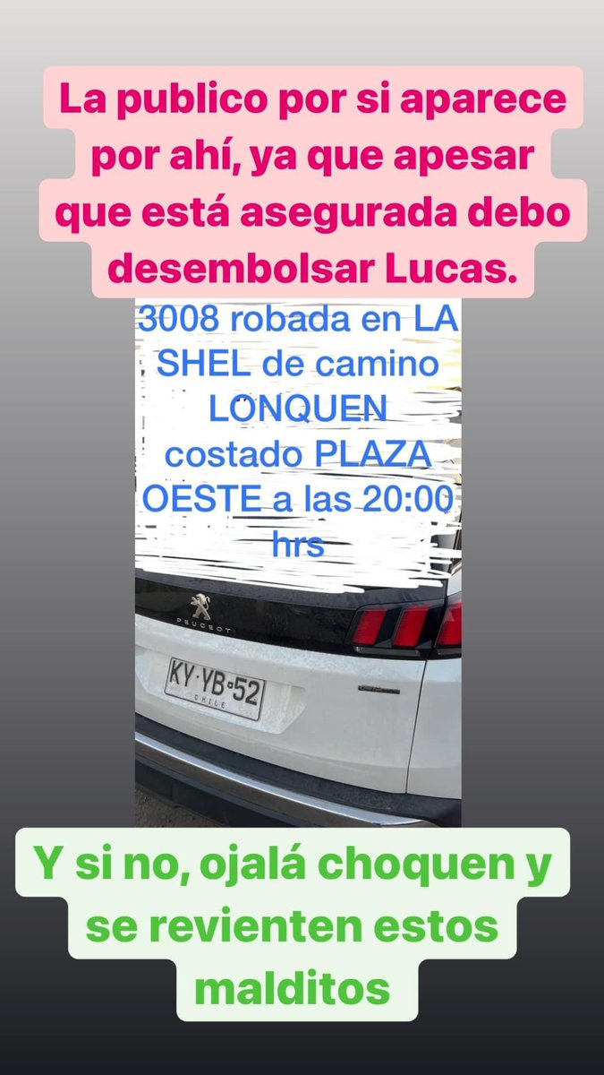 ransep87's tweet photo. Ayuda a una amiga le robaron el auto hoy en una encerrona, ella iba con 2 niños pequeños, pero gracias a dios están bien los 3, @PamJiles @PdgNoticias @meganoticiascl @MaxQuitral favor ayudar a compartir. Cualquier cosa llamar a @Carabdechile  o por DM https://t.co/5ASImvenQb